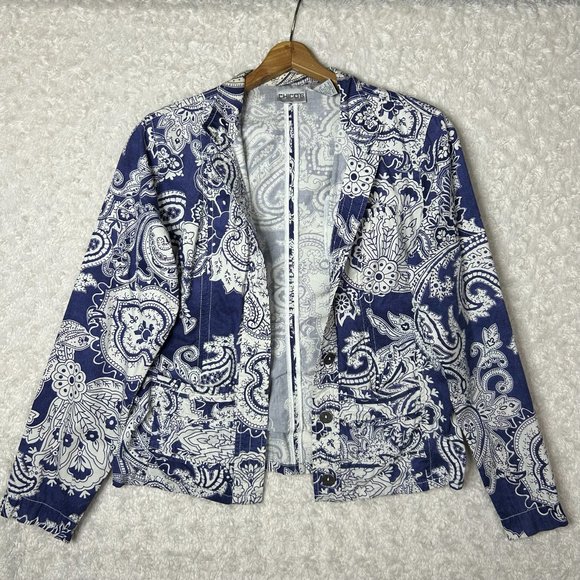 Chico's Paisley Print Denim Jacket Button Front Long Sleeve‎ Blue White Size 0 - Picture 4 of 5